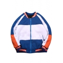 Sport Style Color Block Striped Long Sleeves Zippered Baseball Jacket with Pockets