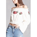 Fancy Floral Embroidered Off the Shoulder Bell Sleeves Elastic Waist Cropped Blouse