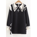 Girlish Cross Embroidered Color Block Tie Side Long Sleeve Dress