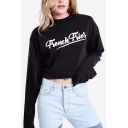 Casual Letter Pattern Round Neck Long Sleeves Loose Cropped Tee