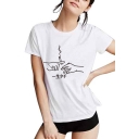 Chic Hand Gesture Cigarette Japanese Printed Round Neck Short Sleeves Casual Tee