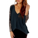Casual V-Neck Sequined Patchwork Long Sleeves High Low Hem Loose Tee