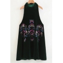 Vintage Sleeveless Halter Neck Sequined Floral Pattern Draped Tank Mini Dress