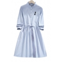 Cat Embroidered Stand Up Collar Buttons Down Drawstring Waist Long Sleeve Midi Dress