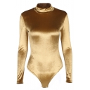 Trendy Plain Gold High Neck Slim-Fit Long Sleeves Velvet Bodysuit