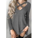 Stylish Cutout Hollow Lace-up V-Neck Long Sleeves Plain Autumn Tee