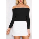 Simple Plain Off the Shoulder Ribbed Knitted Long Sleeves Slim-Fit Sweater