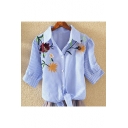 Leisure Floral Embroidered Short Sleeves Lapel Button Bow Tie-Front Cropped Shirt