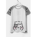 Cute Cat Cartoon Letter Color Block Round Neck Short Sleeves Casual Tee
