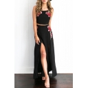 Floral Embroidered Cropped Tie Back Cami Split Side Maxi Skirt Co-ords