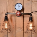 Industrial 2 Light Multi Light Wall Sconce with Metal Cage and Pressure Gauge in Bar Style