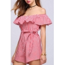 Chic Off the Shoulder Gingham Plaids Ruffle Detail Belted Wide Leg Romper