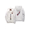 Unisex Floral Embroidered Zippered Hooded Spring Coat with Pockets