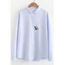Funny Embroidery Cat Pattern Long Sleeve Lapel Button Down Shirt
