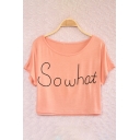 Stylish Letter Print Scoop Neck Short Sleeves Cropped Tee