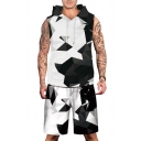 Spring Fashion Geometric Print Color Block Sleeveless Hoodie with Sports Shorts