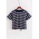 New Arrival Stripe Printed Round Neck Short Sleeve Lace Up Back Embellished Cropped Tee