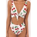 Lovely Cherry Printed Plunge Neck Sleeveless Tied Front Bikini