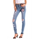 Hot Popular Floral Embroidered Zipper Fly Ripped Jeans