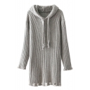 Fashionable Long Sleeves Cutout Hollow Hem Hooded Ribbed Knitted Sweater Mini Dress