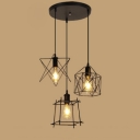 Industrial Wrought Iron 3 Light Multi Light Pendant with Metal Cage Frame in Black