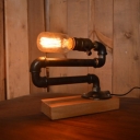 Industrial 9.4''W Table Lamp with Pipe Fixture Arm and Wooden Lamp Base in Vintage Style