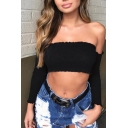 Women's Sexy Off the Shoulder Long Sleeve Plain Cropped Tee Top