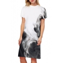 Women's Fashion Smoke Print Crew Neck Short Sleeve Split Side Midi T-shirt Dress
