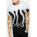 Hot Stylish Octopus Print Color Block Round Neck Short Sleeves Casual Tee