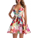 Sexy Fashion Printed Plunge Neck Sleeveless Hollow Out Back Mini Skater Dress