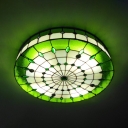 Drum Shade Green Stained Glass Tiffany Flush Mount Ceiling Light in Circular Grid Design