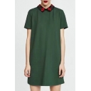 Floral Embroidered Detail Contrast Lapel Collar Short Sleeve Mini Shift Dress