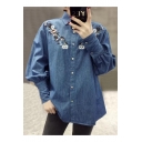 Fancy Floral Embroidered Lapel Button Front Long Sleeve Casual Denim Shirt