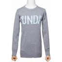 Simple Letter Printed Round Neck Long Sleeve Ribbed Trim Pullover Sweater