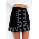Symmetric Floral Embroidered Zipper Fly Mini A-Line Skirt