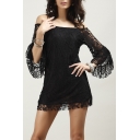 Lady Off The Shoulder Flare Sleeve Floral Lace Mini A-Line Dress