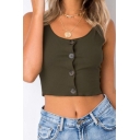 Stylish Button Front Scoop Neck Sleeveless Plain Cropped Tank Top