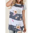 Daily Fashion Floral Pattern Color Block Striped Pocket Short Sleeve Tee