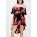 Fancy Plant Leaf Tropical Print Off the Shoulder Dipped Hem Ruffle Detail Layered Dress
