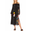 Fashionable Off the Shoulder Floral Embroidered Tassel Belted Split Side Midi Beach Dress