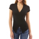 Summer Collection V-Neck Wrap Front Cap Sleeve Slim Fit Ribbed Tee