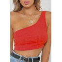 Simple Ribbed One Shoulder Sleeveless Plain Cropped Tank