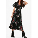 Stylish Floral Printed V Neck Lace Up Front Short Sleeve Maxi A-Line Dress