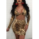 Stylish Sexy Leopard Printed V Neck Long Sleeve Cropped Tee with Mini Bodycon Skirt Co-ords