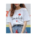 Chic Floral Letter Embroidered Round Neck Short Sleeves Ripped Off Tee