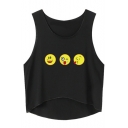Cute Emoji Printed Round Neck Sleeveless Dip Hem Cropped Tank