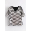 Party Style V-Neck Short Sleeve Diamond Sequined Plaids Summer Tee