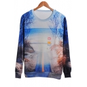 Digital Landscape Printed Round Neck Long Sleeve Pullover Sweatshirt