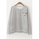 Daily Fashion Fish Embroidery Dipped Hem Split Side Spring Striped Tee