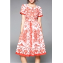 Lady Floral Printed Square Neck Short Sleeve Midi A-Line Dress
